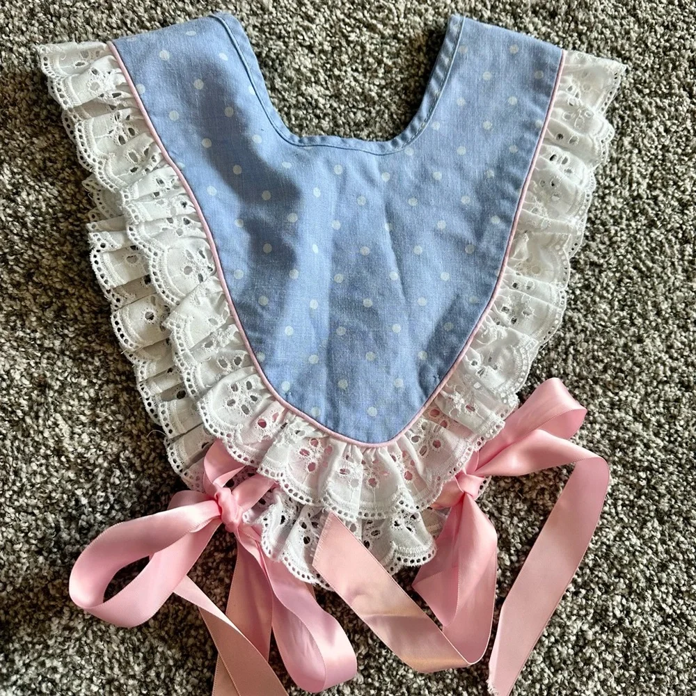 Vintage Blue and Pink Polka Dot Lace Baby Bib